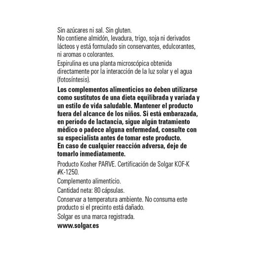 Solgar Espirulina 750 mg 80 cápsulas