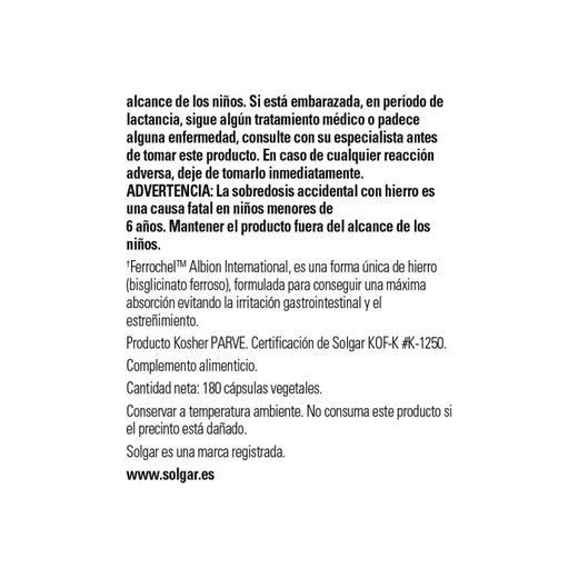 Solgar Hierro Gentle 180 cáspulas vegetales